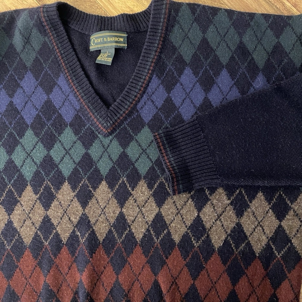 Vintage Croft Barrow Mens Large‎ Argyle Sweater V Neck Wool Blend Colorful